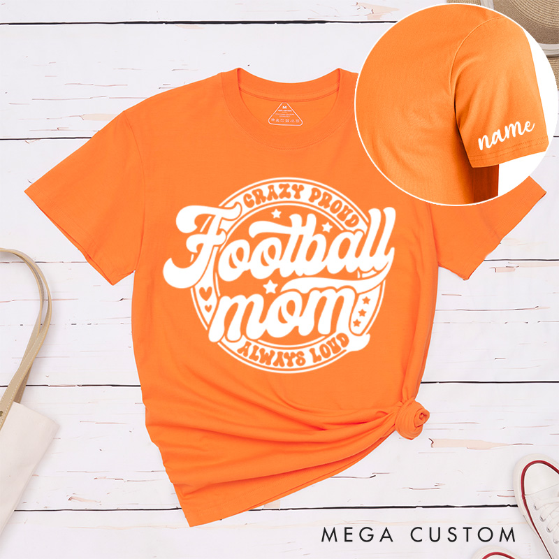 Personalized American Football Mom T-Shirts Featuring Custom Name on the Sleeve