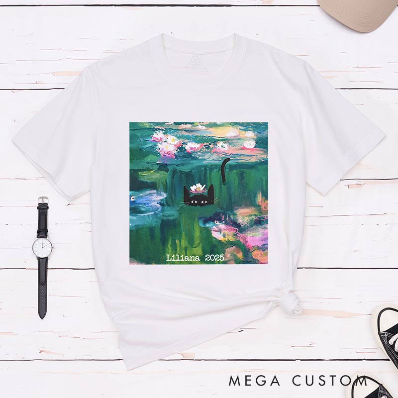 Personalized Clawed Monet Cat Artist Classic T-Shirts Painting Cat Tshirt Art Lover Illustration Shirt for Animal Lover Cat Mom Cat Dad