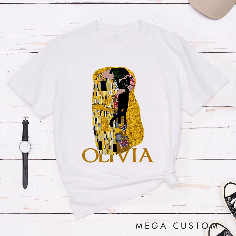 Personalized The Cat Kiss Artist Classic T-Shirts Painting Cat Tshirt Art Lover Illustration Shirt for Animal Lover Cat Mom Cat Dad