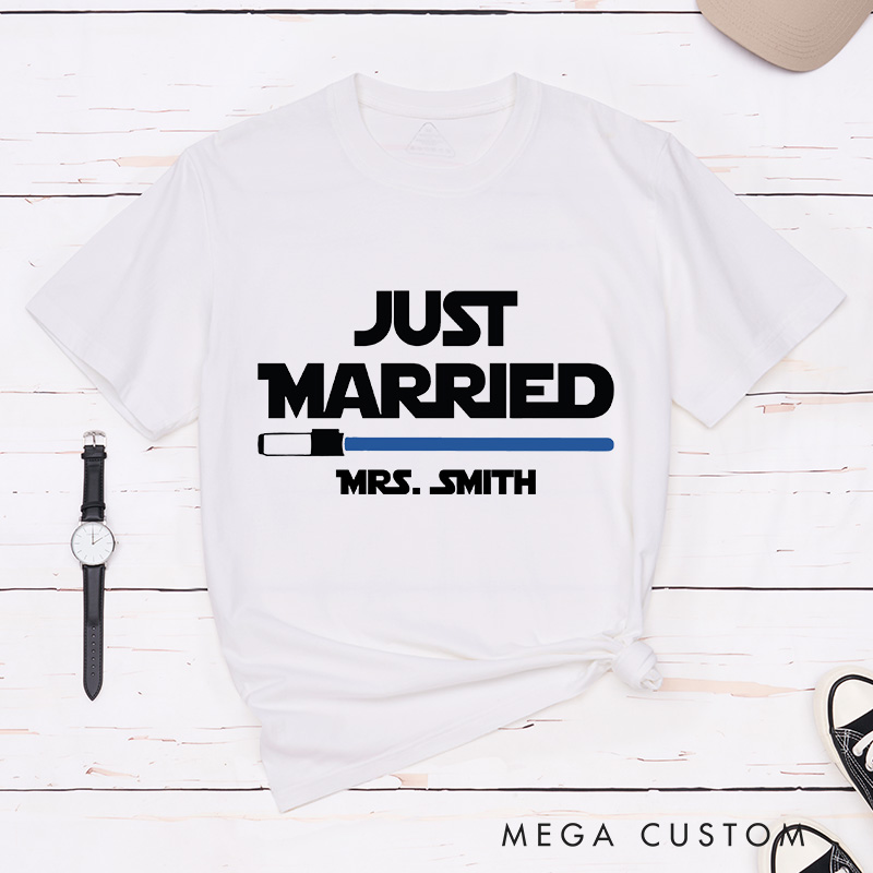 Personalized Star Just Married Couple Matching Classic T-Shirts Honeymoon Shirt for Movie Lovers Just Married Shirt Valentines Day Husband and Wife