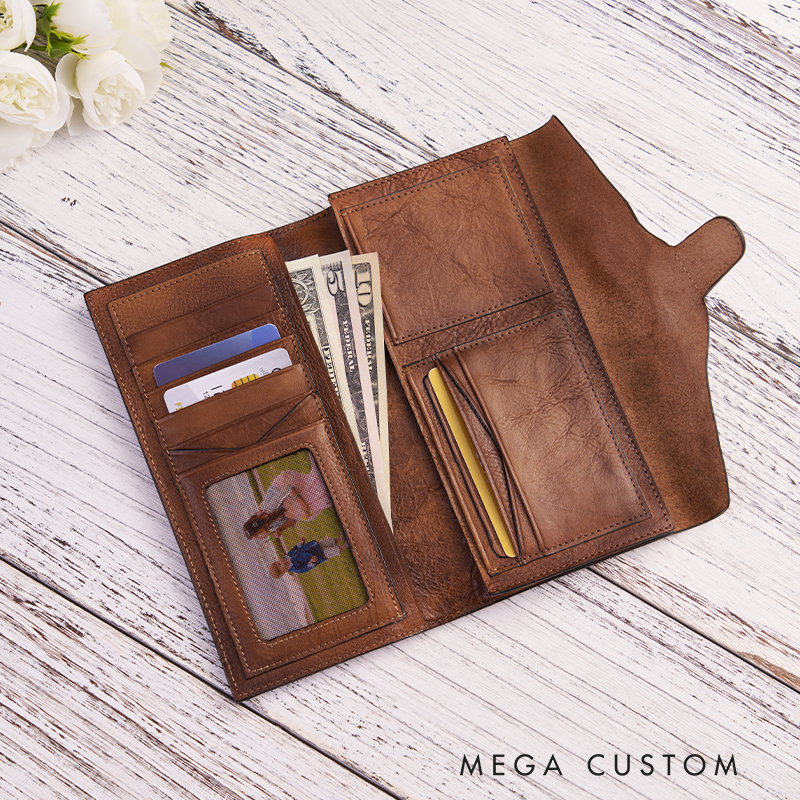 Personalized Leather Wallet For Her Birth Flower Wallet with Name Engraved W