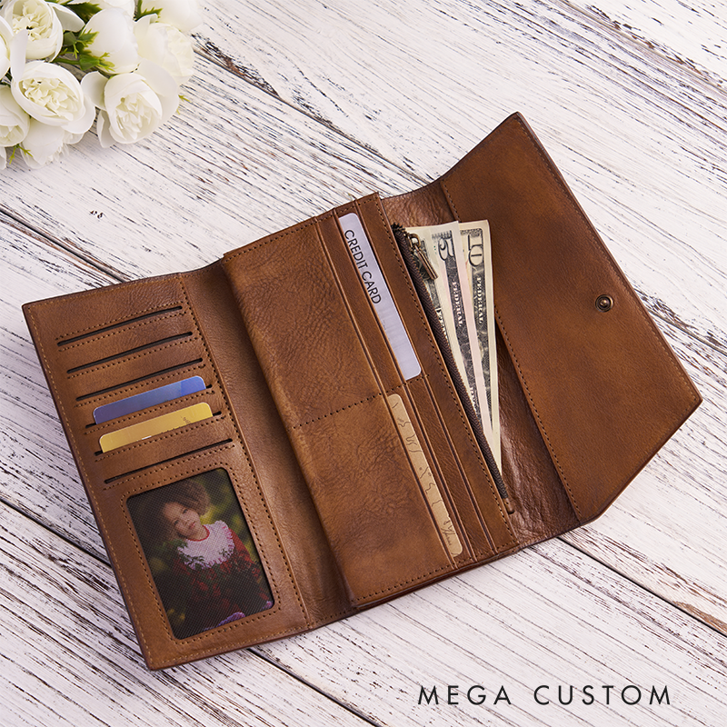 Personalizedustom Birth Flower Women Wallet Engraved Leather Wallet Birth Flower Monogram Wallet Women's Purse Gift For Her Gift For Mother Birthday Gift