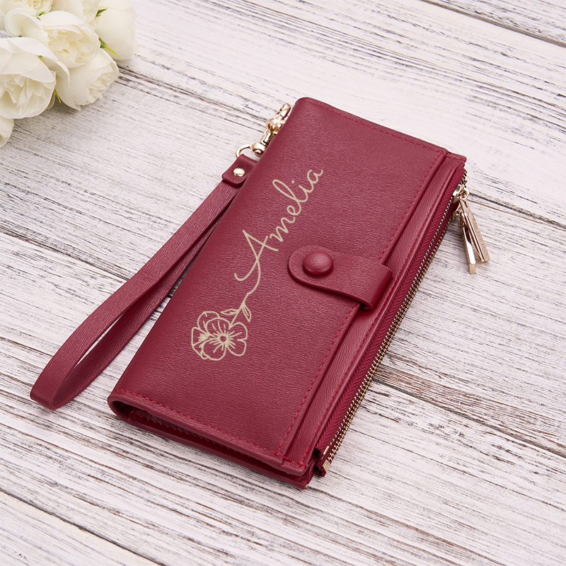 Personalized Leather Wallet for Women Birth Flower Leather Wallet Engraved Leather Wallet with Name Women Slim Wallet Clutch Purse Unique Gift for Her Birthday Gifts