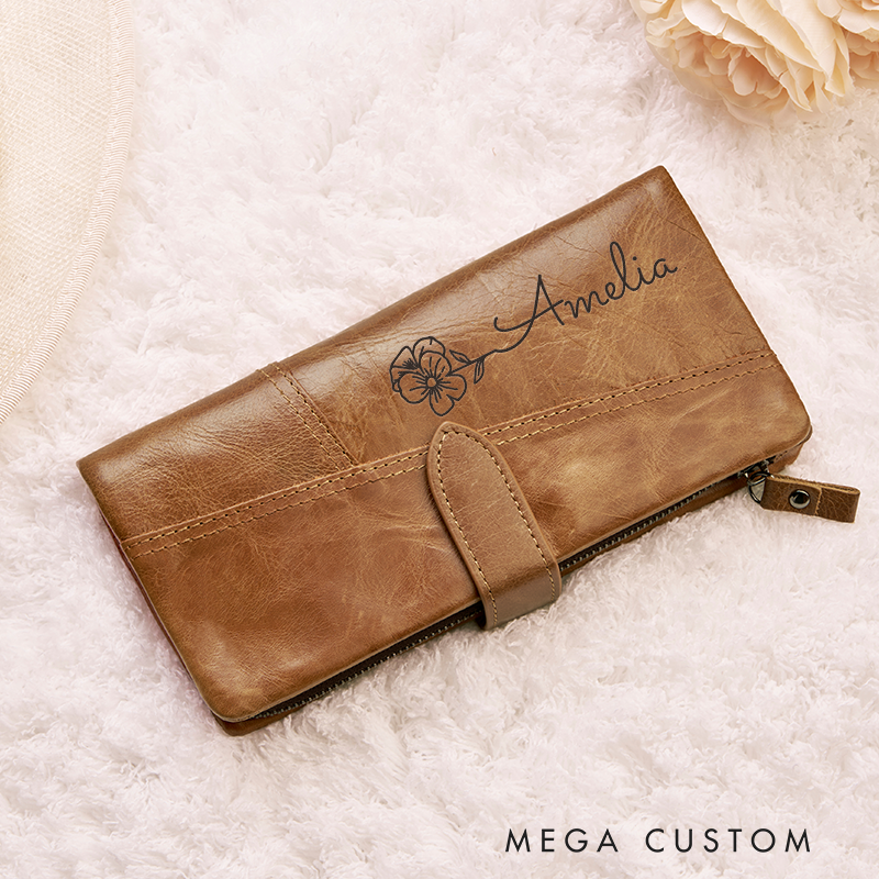 Personalized Leather Wallet For Her Birth Flower Wallet Women Leather Wallet With Zipper Engraved Women Leather Wallet Leather Gift for Her Unique Gift for Her Birthday Gifts