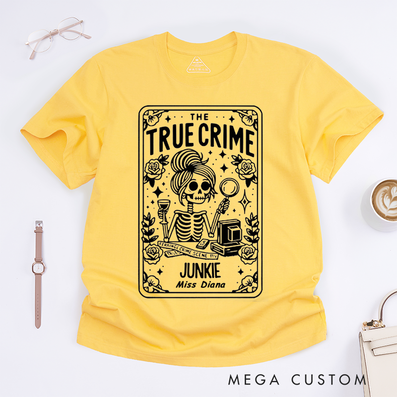 Personalized True Crime Junkie Classic T-Shirts Custom Name Unisex Gift for Crime Lovers Unique Detective Skeleton Illustration Cool Gift