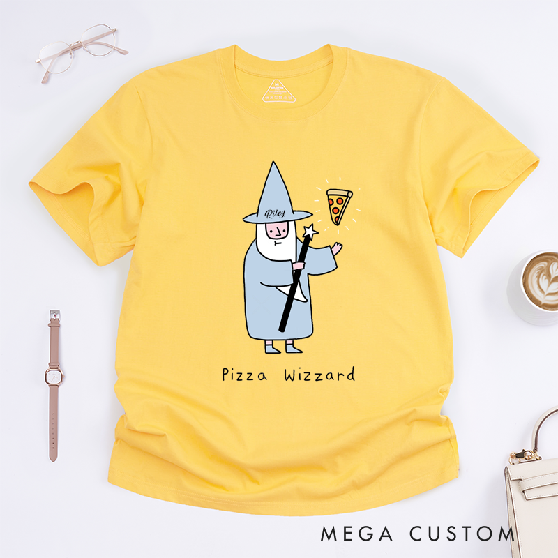 Personalized Pizza Wizard Classic T Shirts Custom Name Gift for Pizza Lovers Unique Fantasy Wizard Magic Tee for Men and Women Birthday Present