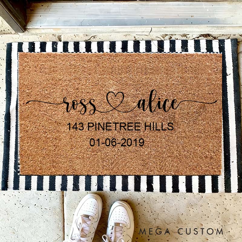 Personalized Couple Doormat Custom Heart Design Durable Coir Welcome Mat for New Home Entryway Romantic Housewarming Gift for Couples and Newlyweds