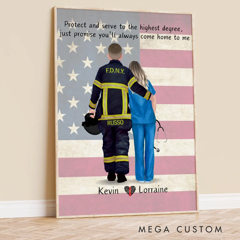 Personalized Firefighter and Nurse Wall Art Romantic Valentine's Day Gift