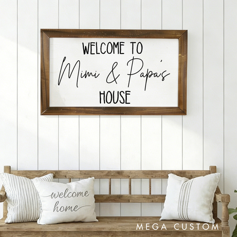 Personalized Welcome to Mimi and Papa's House Wooden Wall Art Custom Family Sign Rustic Farmhouse Style Decoration for Grandparents Home Gift