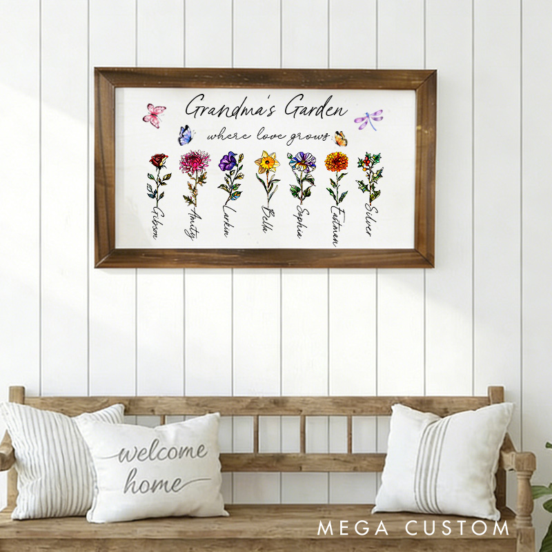 Personalized Grandma's Garden Sign Custom Birth Flower Gift Nanas Garden Gifts Custom Mothers Day Gifts Grandkids Names Sign