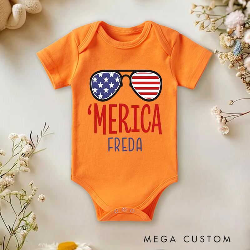 Personalized Merica Glasses Fourth of July Baby Onesie Newborn Baby Gift