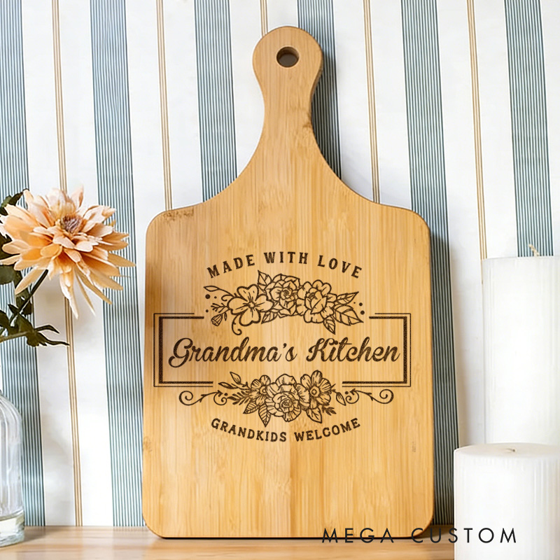 Personalized Engraved Kitchen Cutting Board Custom Bamboo Paddle Board Made with Love Design Grandkids Welcome for Grandma Gifts Home Decor