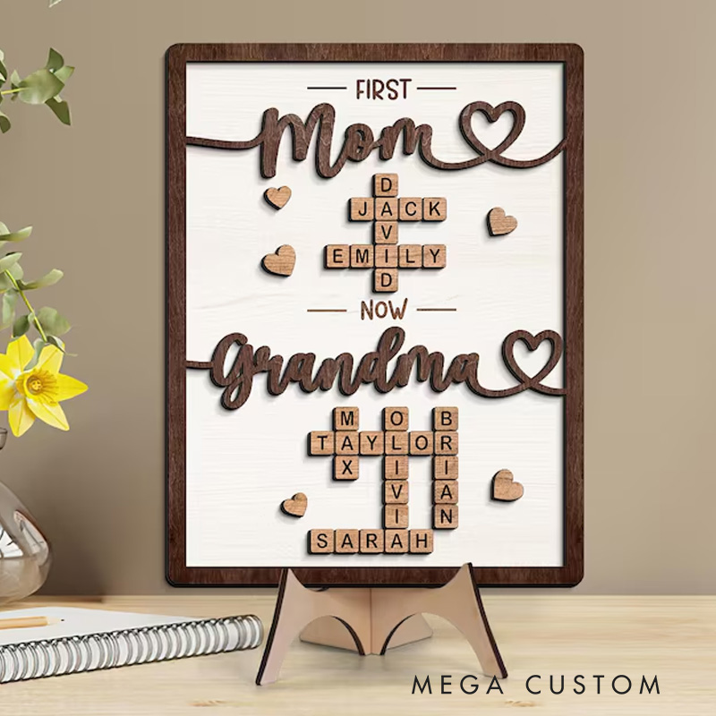 Personalized First Mom Now Grandma Wooden Sign Crossword Puzzle Art Frame Family Keepsake Gift For Mom Grandma Gift Mothers Day Gift 
