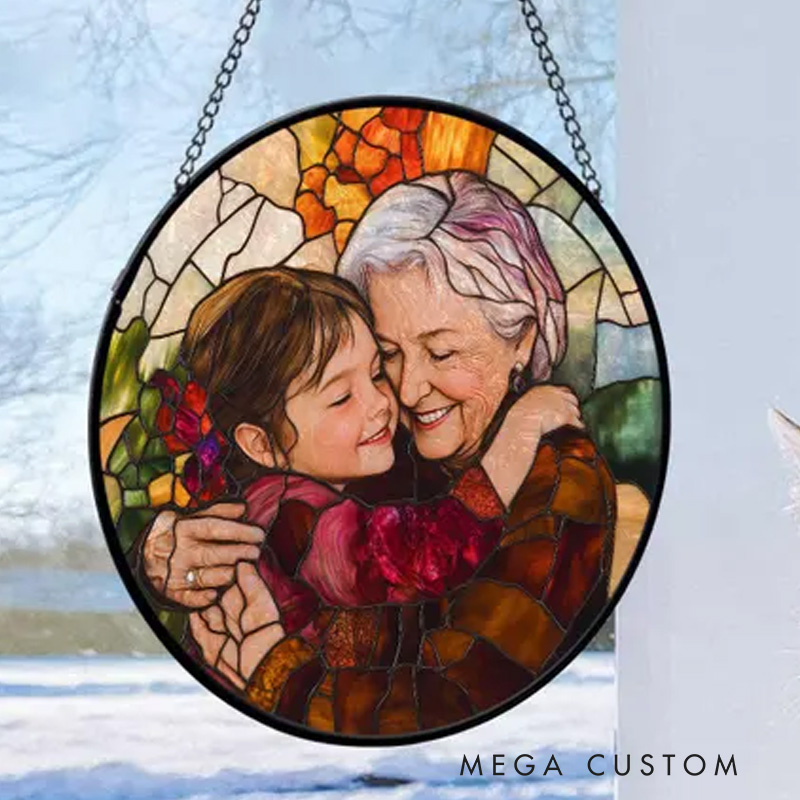 Personalized Grandma And Grandkids Portrait Faux Stained Glass Custom Photo Family Window Hanging Ornament Gift For Mom Grandma