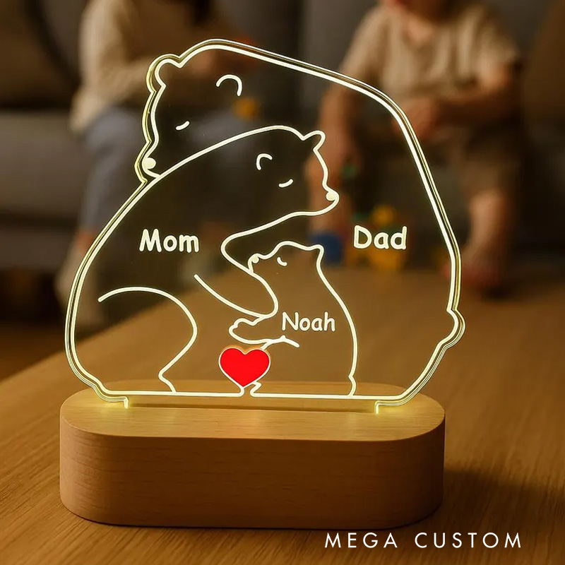 Personalized Family Bears Name Night Light Custom Bedroom LED Wood Bear Family Puzzle Gift Wedding Family Gift Night Light for Mom Dad