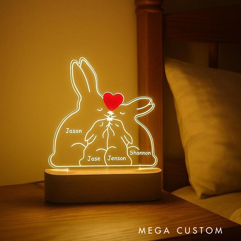 Personalized Family Rabbits Puzzle Name Night Light Custom Bedroom LED wood Rabbits Family Puzzle Gift Easter Gift