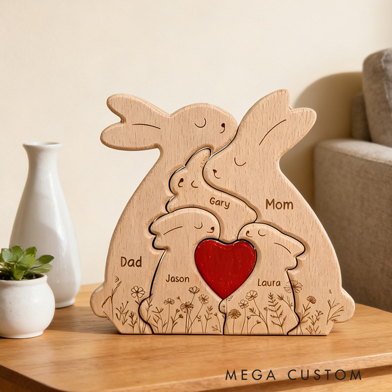 Personalized Wooden Bunny Family Decor Custom Engraved Name Sign Rustic Home Decoration Gift for Mom Dad Kids Birthday Mother's Day Father's Day
