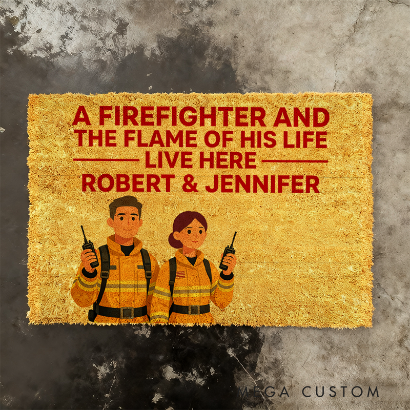 Personalized Firefighter Couple Doormat Custom Entryway Rug Gift for Firefighter Families