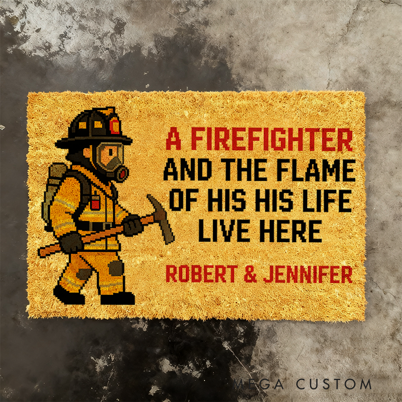 Personalized Firefighter Pixel Art Doormat Custom Couple's Entryway Rug