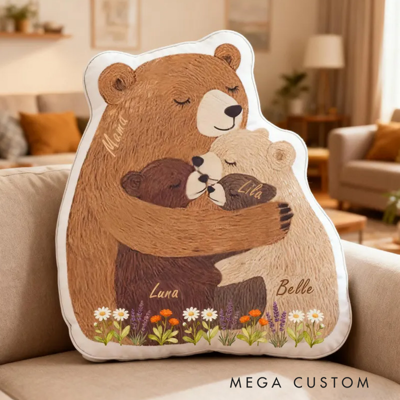 Personalized Bear Family Pillow Custom Hugging Bears Cushion Cozy Family Gift