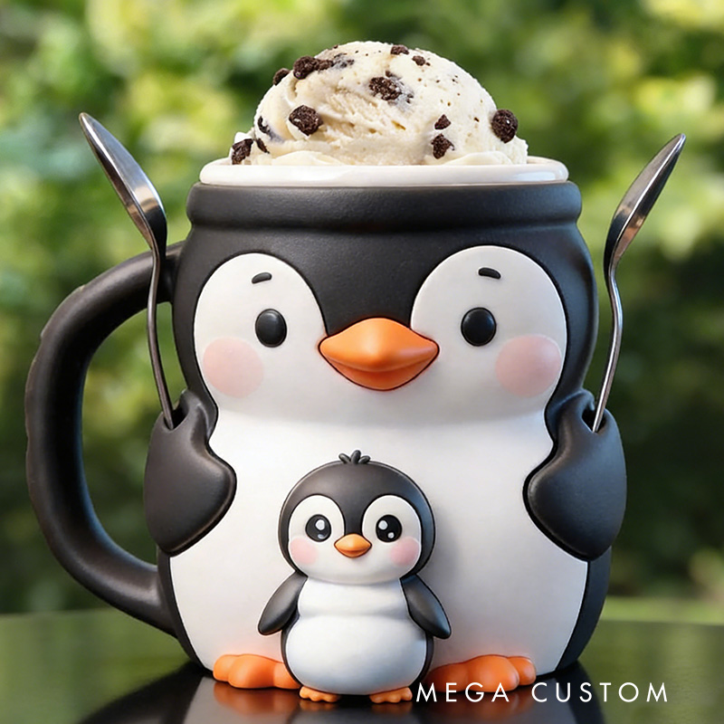 Personalized 3D Printed Penguin Ice Cream Pint Holder Spoon Slots & Snack Drawer Funny Kitchen Decor Cute Animal Gift