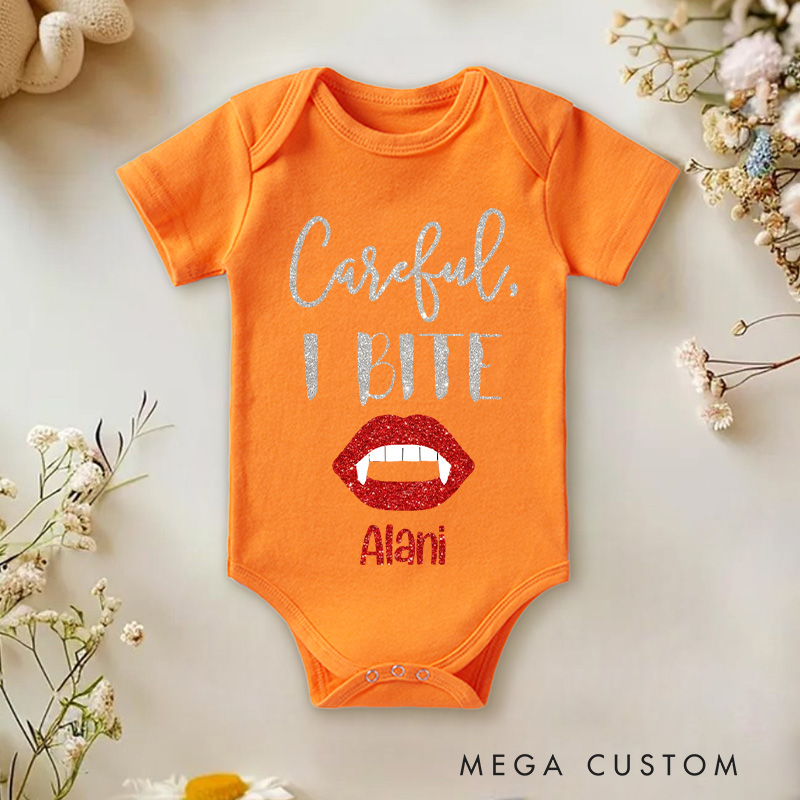 Personalized Careful I Bite Halloween Vampire Baby Onesie 1st Halloween Baby Gift