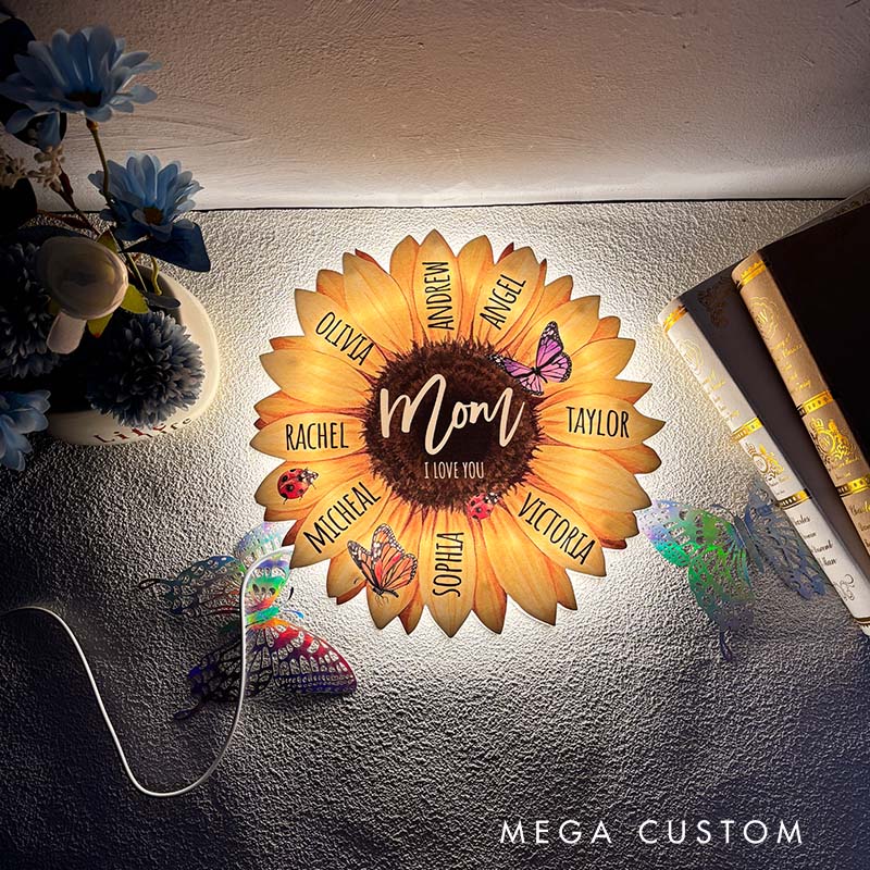 Personalized Family Member Name Sunflower Acrylic Lamp LED Night Light Custom Name Design for Mom Unique Gift for Mother's Day