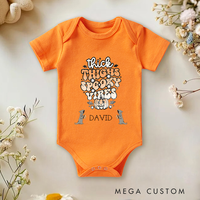 Personalized Thick Thighs Spooky Vibes Fun and Whimsical Halloween Baby Onesie