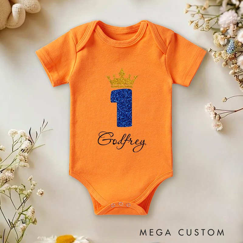 Personalized Number One with Crown Sparkly and Royal Birthday Celebration Baby Onesie  