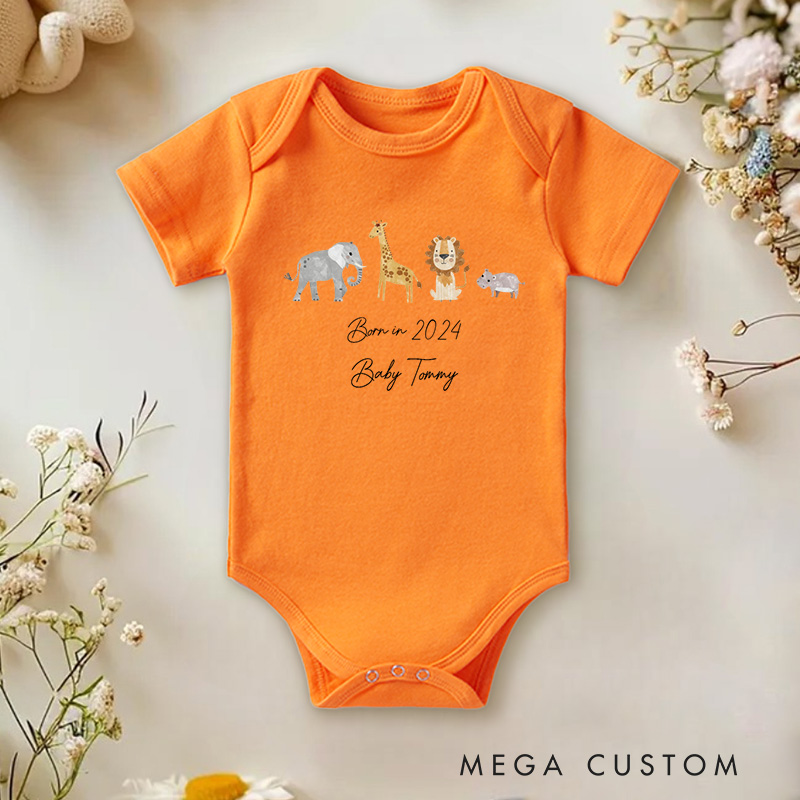 Personalized Born in Baby Jungle Animal Theme Cute and Whimsical Baby Onesie  