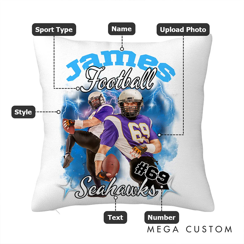 Personalized Photo Brilliant Lightning Sport Throw Pillow with Custom Name for Sports Lover