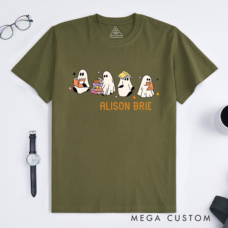 Personalized Ghosts Reading Books Classic T-Shirts Reading Fans Tee Cute Little Ghost Shirt Spooky Season Shirt Book Shirt Customized Name Shirt Gift for Books Lover