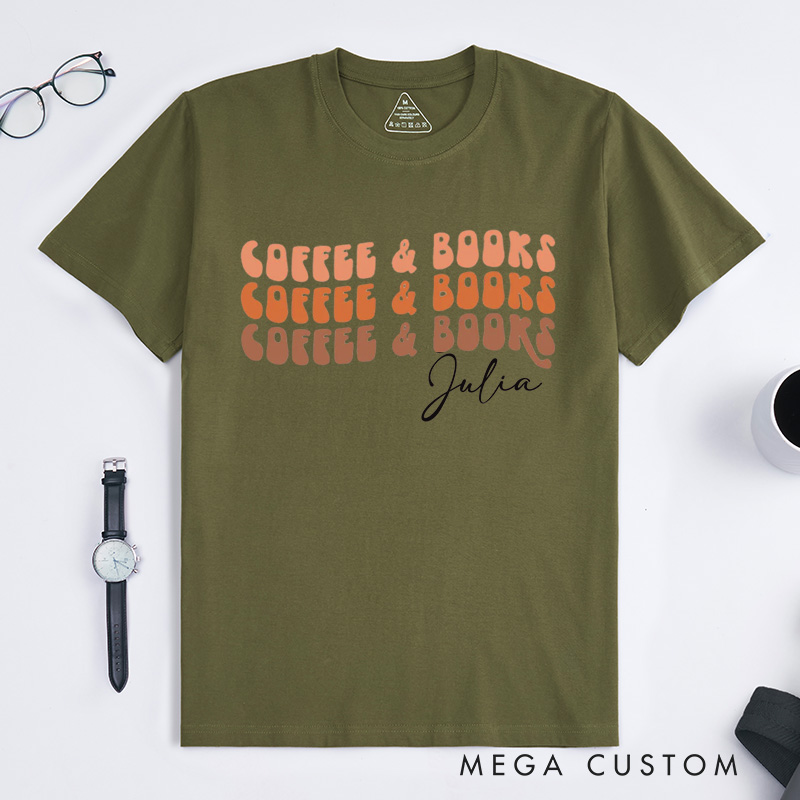 Personalized Coffee and Book Classic T-Shirts Reading Shirt Bookworm Coffee Lovers Customized Name Shirt Gift for Books Lover
