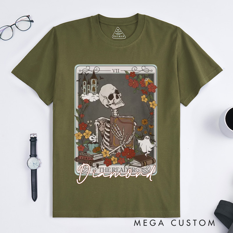 Personalized the Reader Tarot Card Crewneck Classic T-Shirts Skeleton Shirt Book Lover Shirt Bookish Shirt Librarian Shirt Reading Shirt