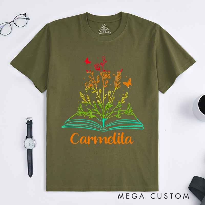 Personalized Book Flower Classic T-Shirts Library Shirts Book Reader Shirt Literary Shirt Book Lover Shirt Reading Tee Gift