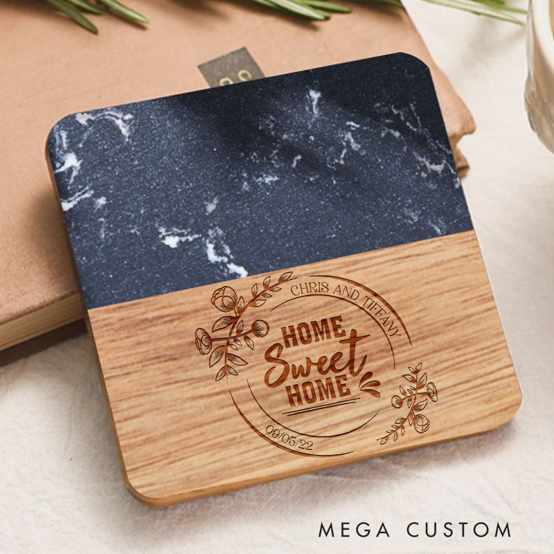 Personalized Marble and Wood Coaster Housewarming Gift New Home Gift for Couple Custom Engraved Wedding Coasters Moving Gifts Housewarming Celebration