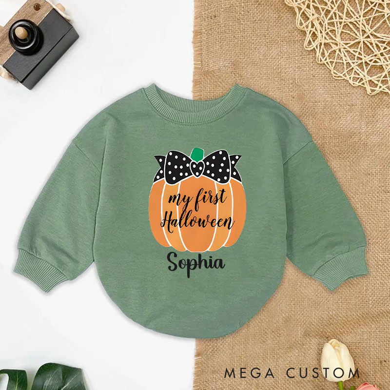 Personalized My First Halloween Pumpkin Baby Bodysuit with Bow Accent