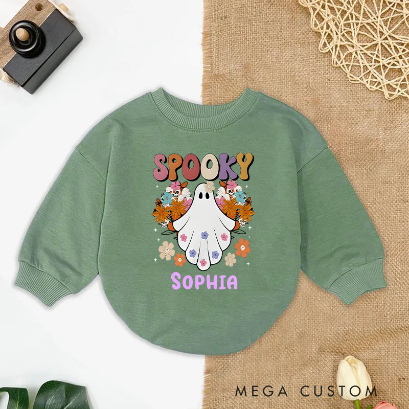 Personalized Spooky Baby Bodysuit with Ghost and Fall Leaves for a Festive Look