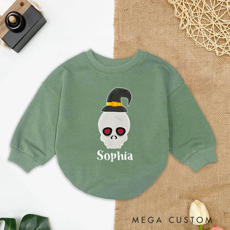 Personalized Skull Baby Bodysuit with Halloween Hat Perfect for Spooky Celebrations