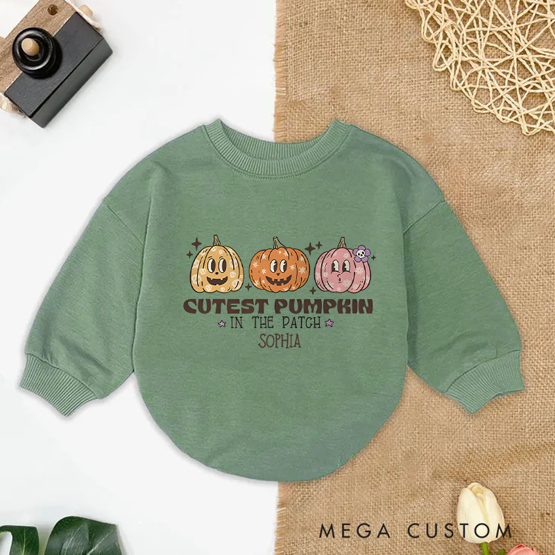 Personalized Cutest Pumpkin in the Patch Baby Bodysuit with Adorable Pumpkin Trio Illustration