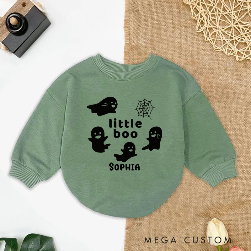 Personalized Little Boo Baby Bodysuit with Playful Ghosts and Spider Web for Halloween Fun