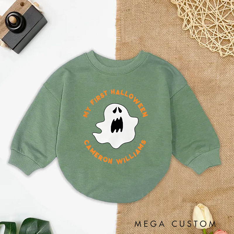 Personalized My First Halloween Baby Bodysuit with Ghost and Custom Name for Baby’s Special Day