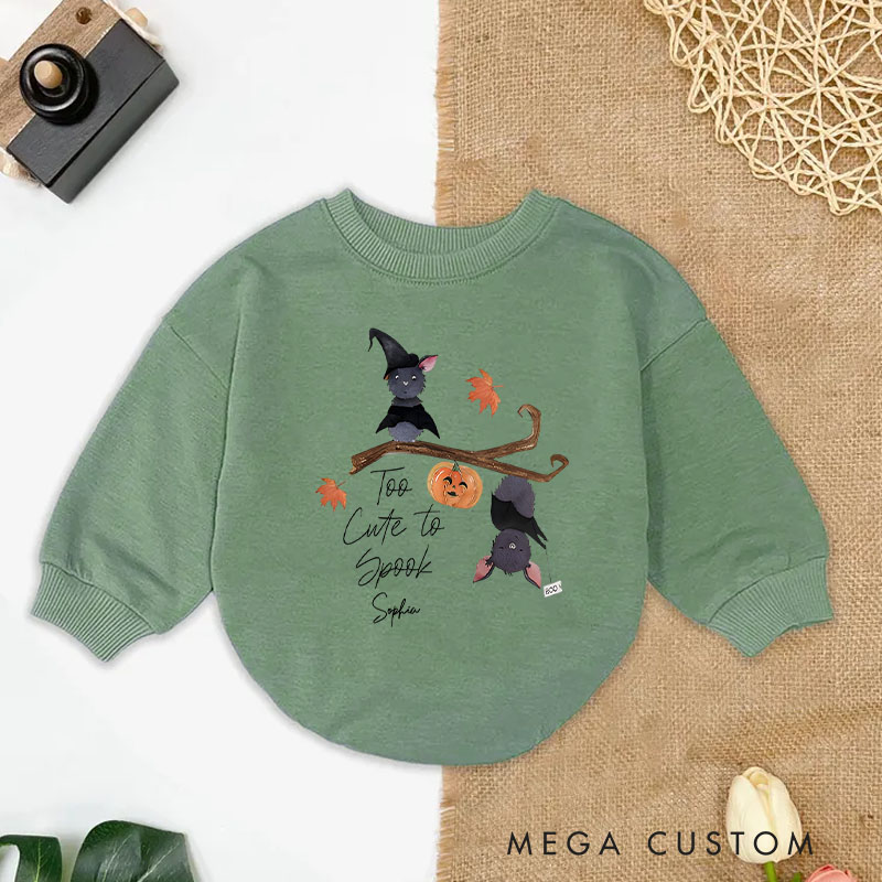 Personalized Too Cute to Spook Baby Bodysuit Featuring Adorable Bats and Pumpkins for Halloween