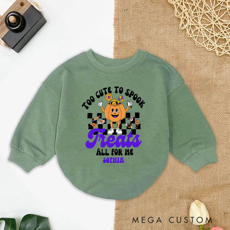 Personalized Too Cute to Spook Treats All for Me Baby Bodysuit with Pumpkin Character Design