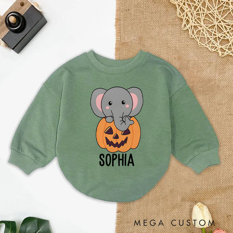 Personalized Elephant In Pumpkin Cute Elephant Happy Halloween Baby Bodysuit