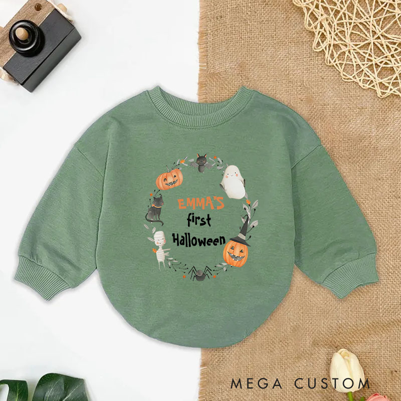 Personalized Baby's First Halloween Baby Bodysuit with Pumpkin Wreath and Custom Name Design