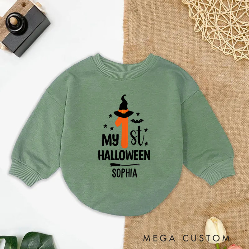 Personalized My First Halloween Baby Bodysuit with Witch Hat and Stars for Baby’s Special Celebration