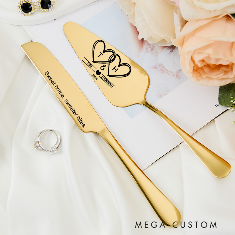 Personalized Cake Knife and Server Set Sweet Home Sweeter Bites Custom Housewarming Gift New Home Dining Accessories Heart Design for Couples