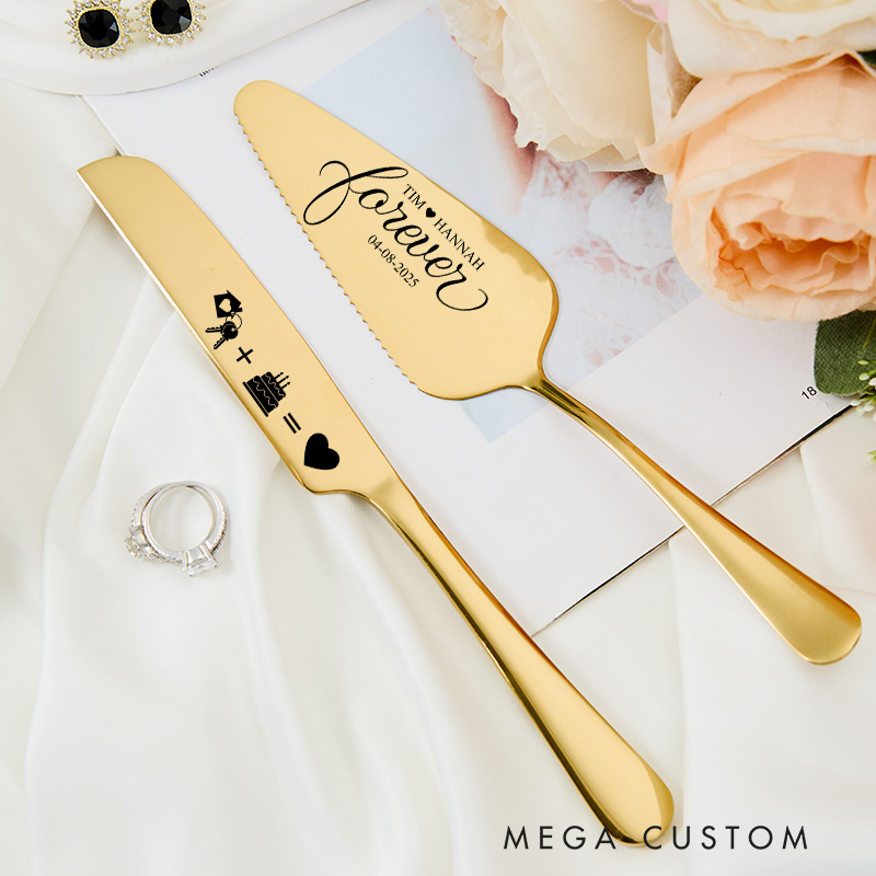 Personalized Cake Knife and Server Set Forever Love Custom Housewarming Gift New Home Dining Accessories Unique Design with Symbols for Couples