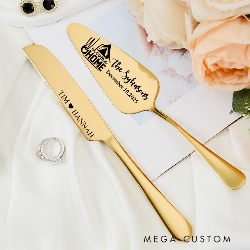 Personalized Cake Knife and Server Set Welcome Home Design Custom Housewarming Gift New Home Dining Accessories with Heart and Housewarming Theme